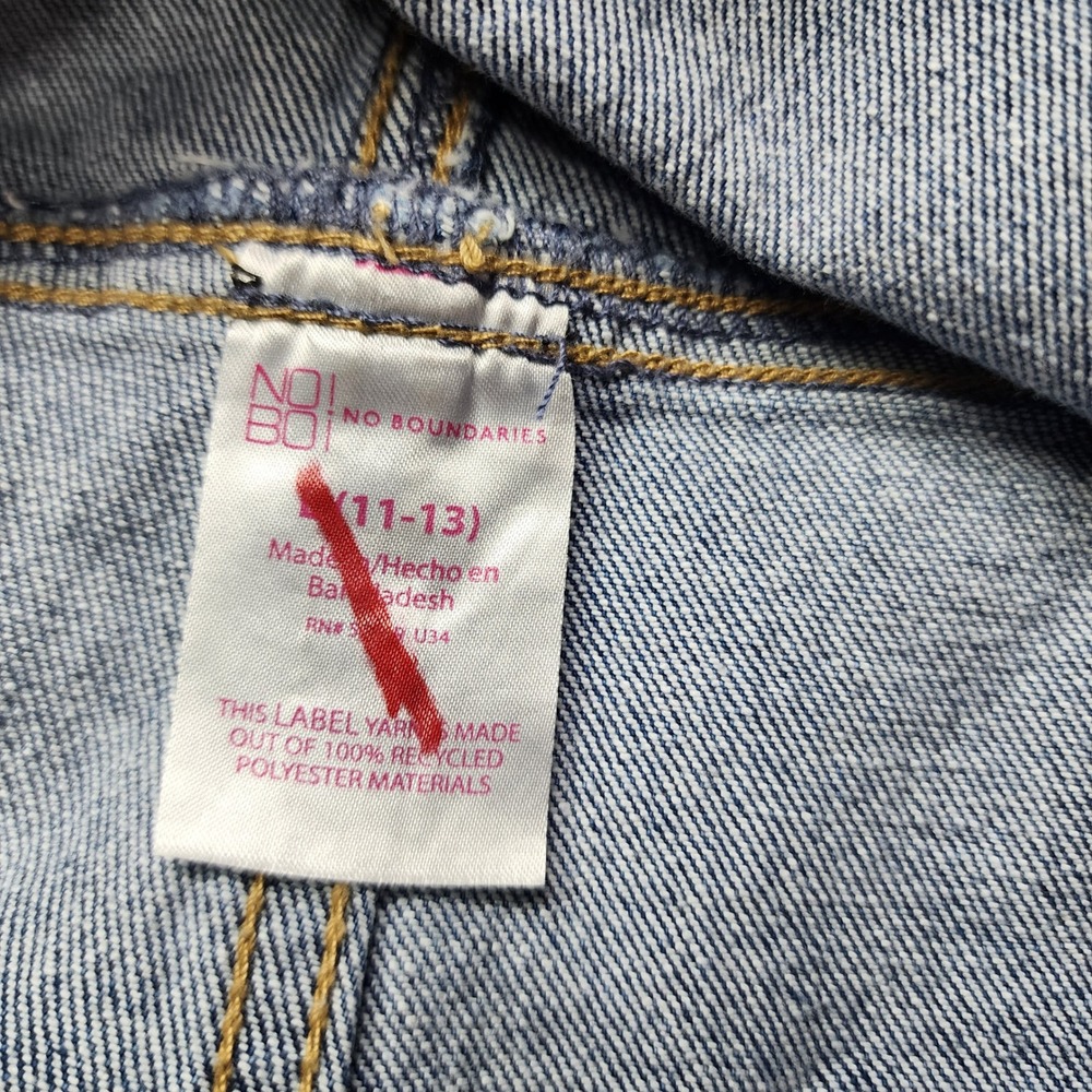 No Boundaries Denim Shortalls Medium Wash Frayed Hem Bib Overalls Size L 11-13 - Picture 6 of 6